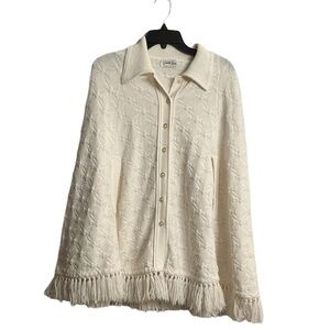Vintage 1970s Cuddle Knit Ivory Collared Bow Knit Poncho Fringe Cape Shawl